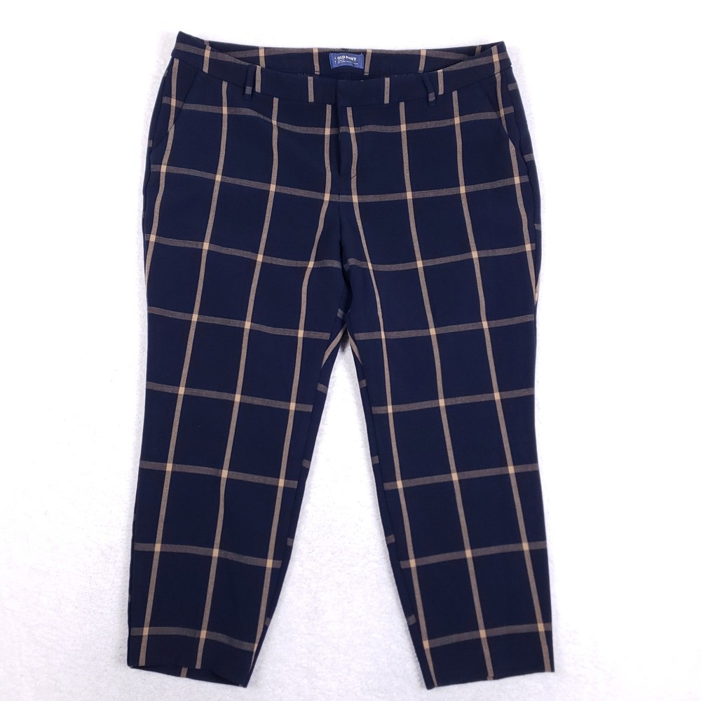 Old Navy Harper Pants Blue Plaid Windowpane 18 Ankle Trousers Dark Academia